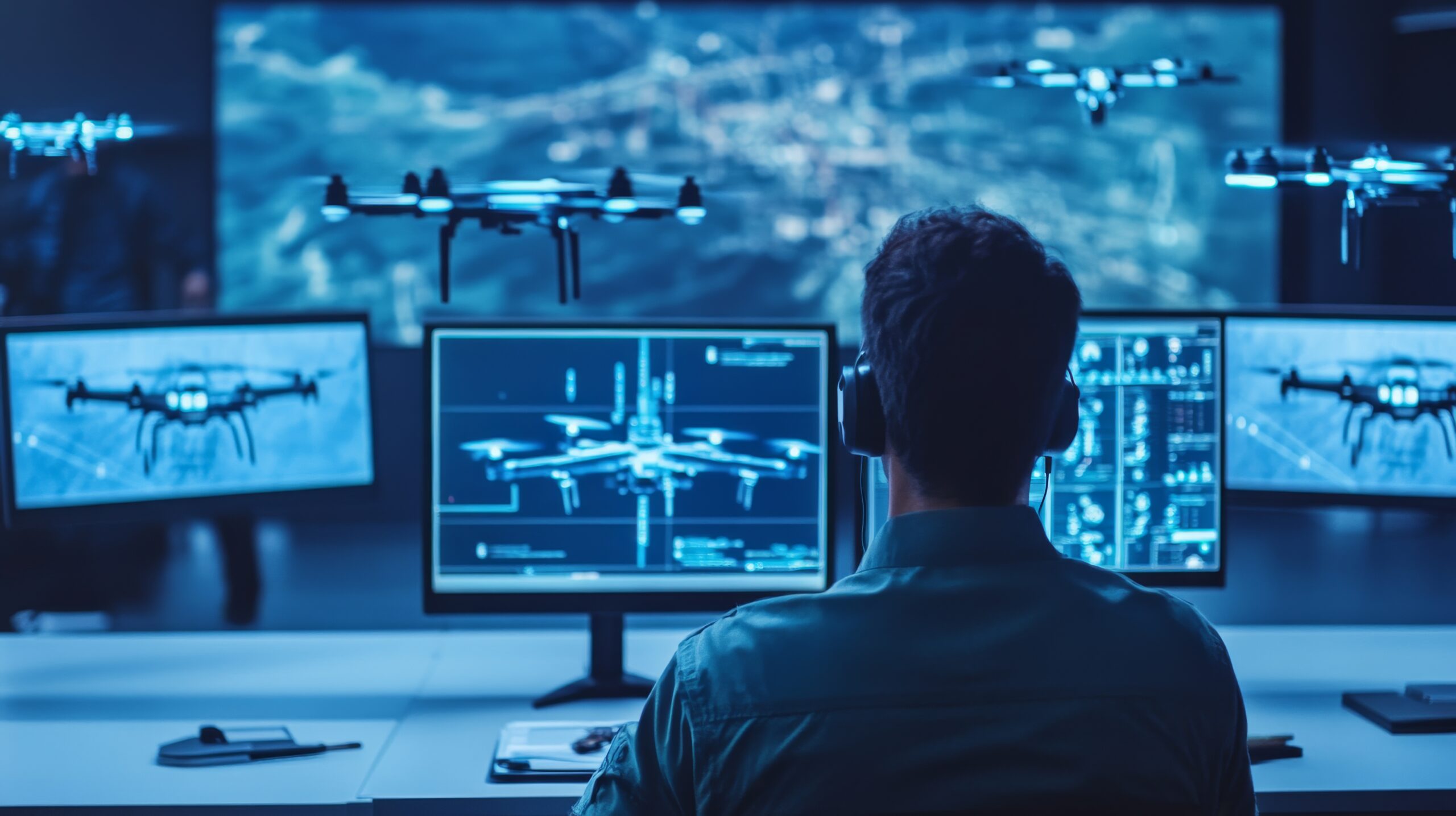 A defense technology engineer developing AI assisted drone swarms, high-tech military research facility with real-time battlefield simulations and autonomous UAV formations, High-tech style