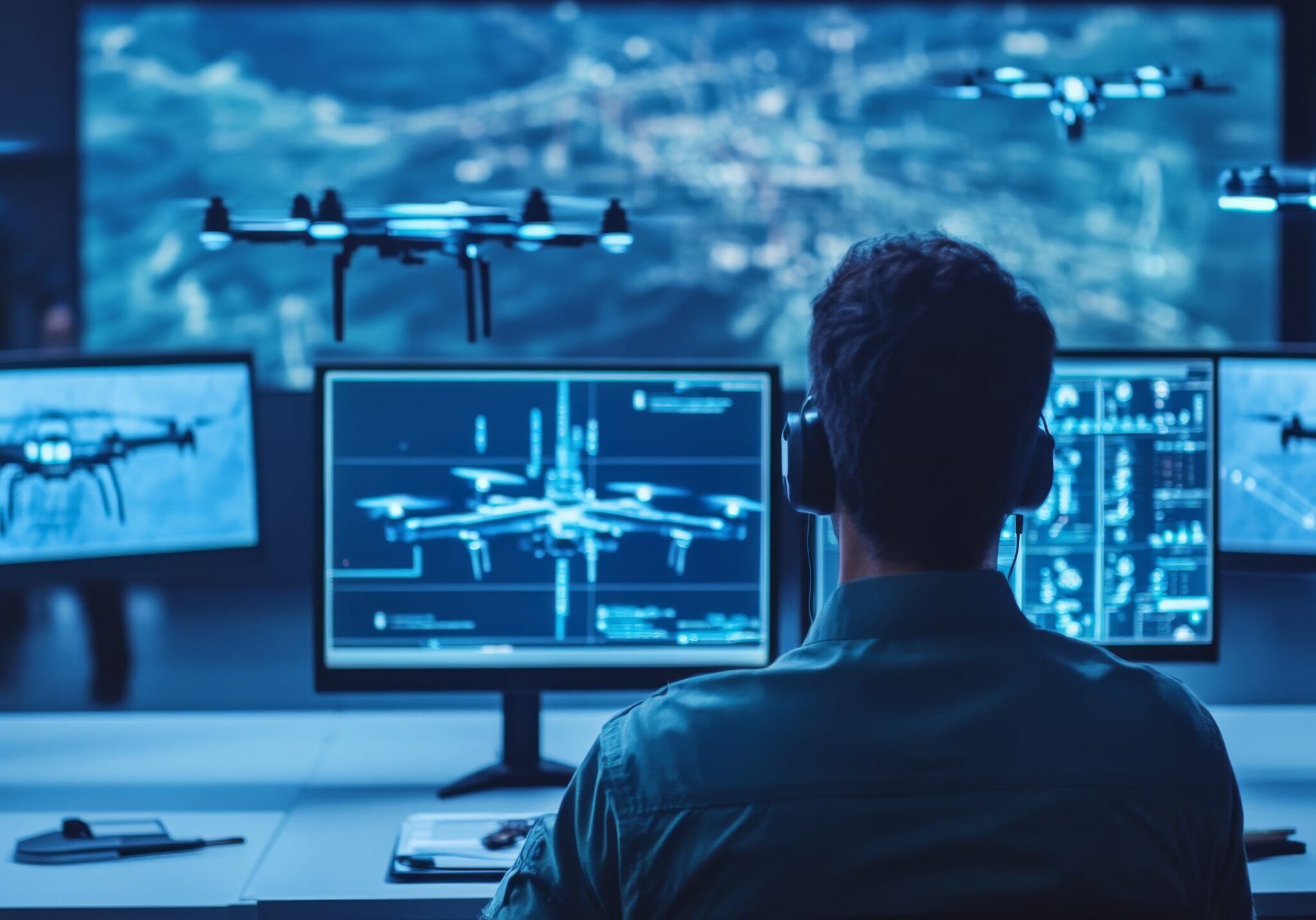 A defense technology engineer developing AI assisted drone swarms, high-tech military research facility with real-time battlefield simulations and autonomous UAV formations, High-tech style