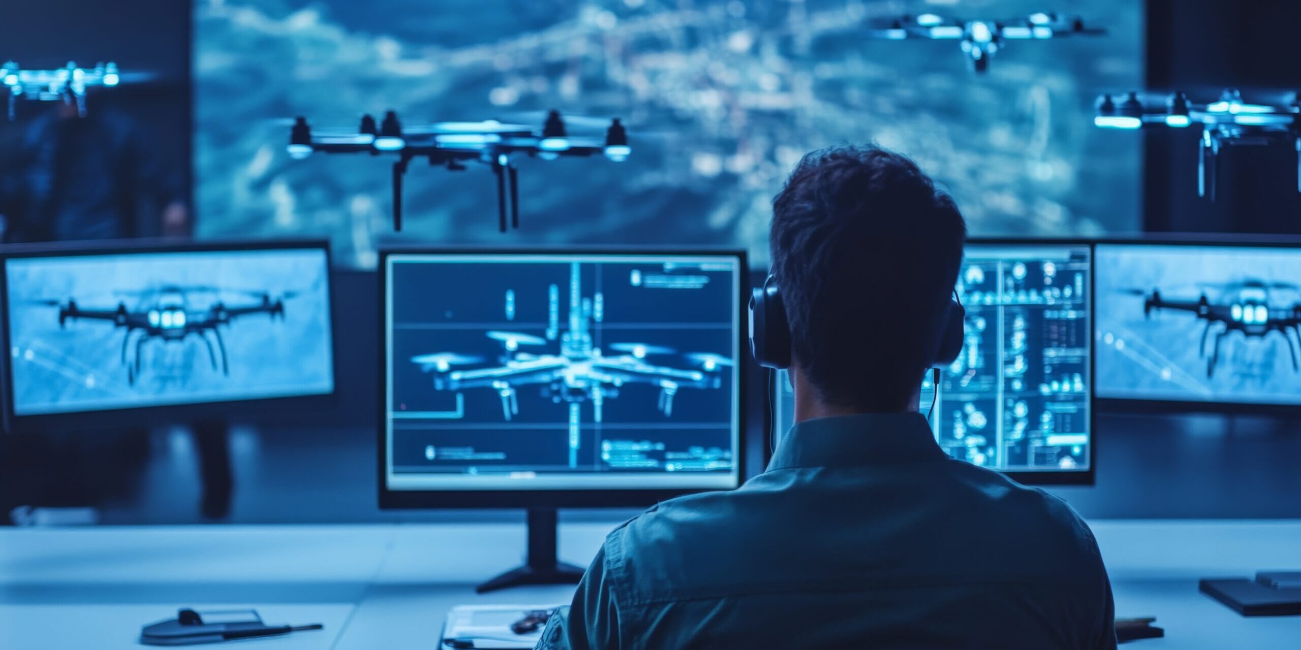 A defense technology engineer developing AI assisted drone swarms, high-tech military research facility with real-time battlefield simulations and autonomous UAV formations, High-tech style