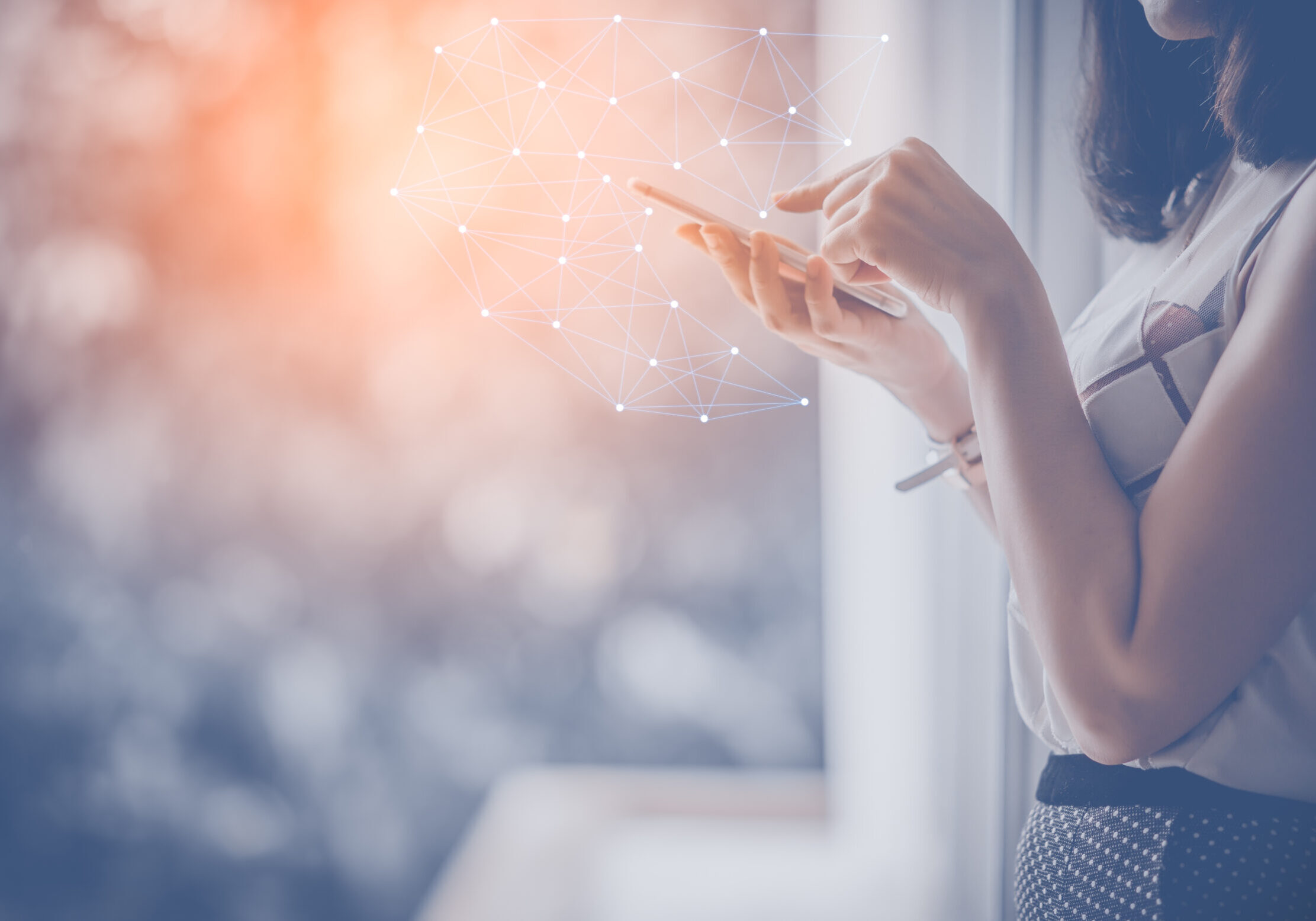 Modern women using and touch screen smartphone. Concept of digital connection, Marketing, Social media and AI system in the future.