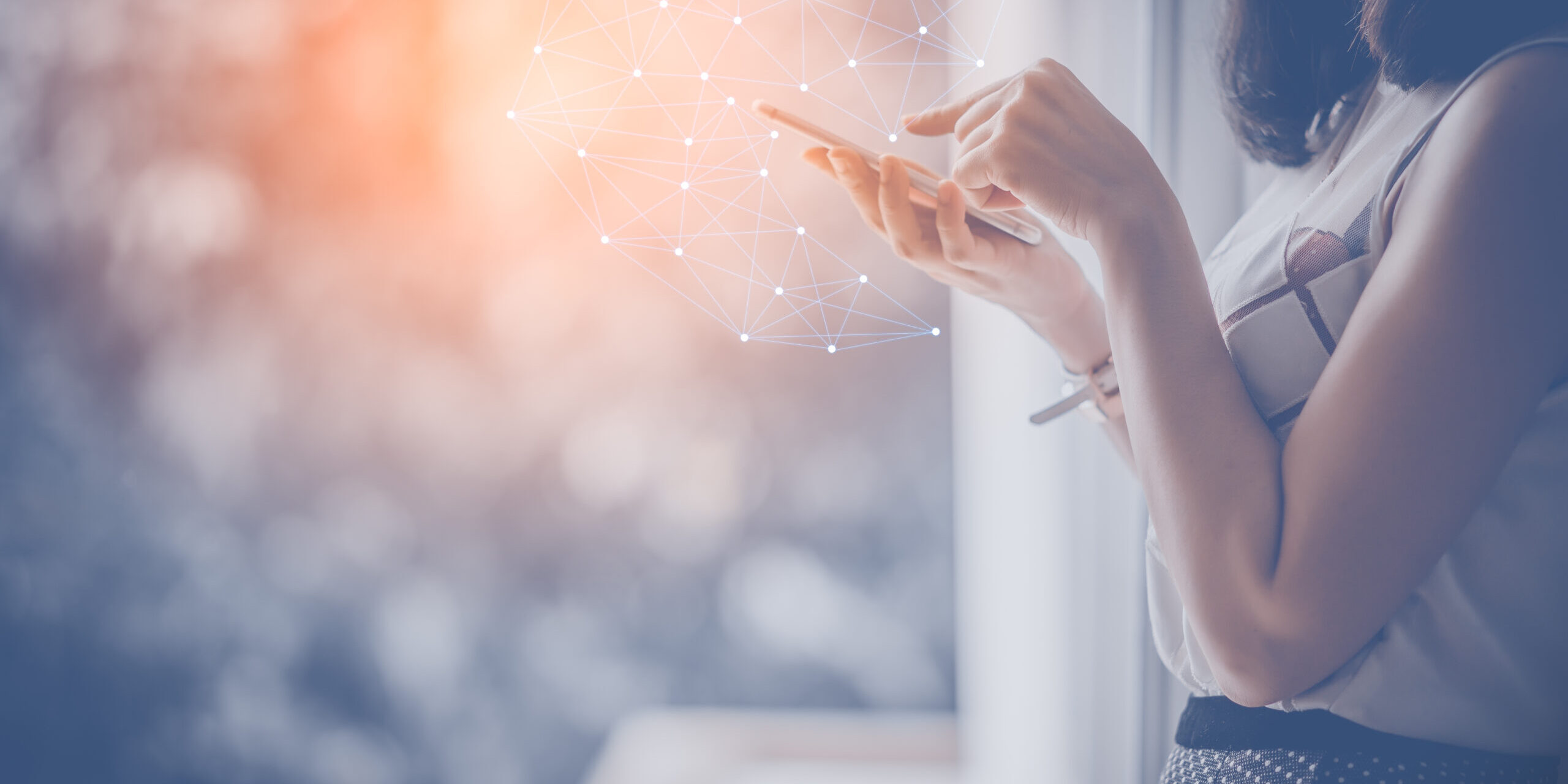 Modern women using and touch screen smartphone. Concept of digital connection, Marketing, Social media and AI system in the future.