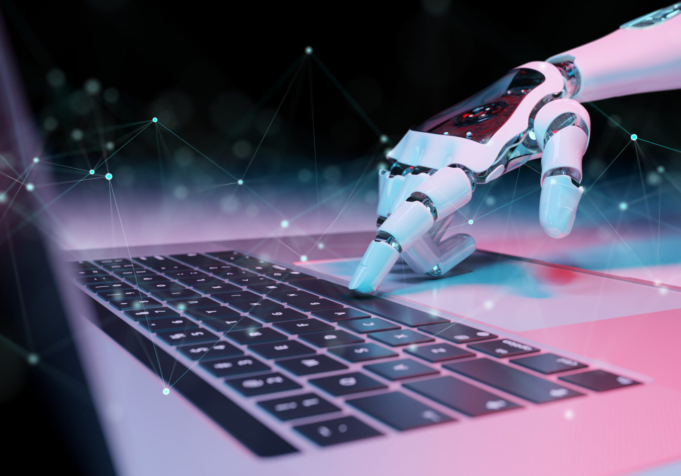 Robotic hand pressing a keyboard on a laptop 3D rendering