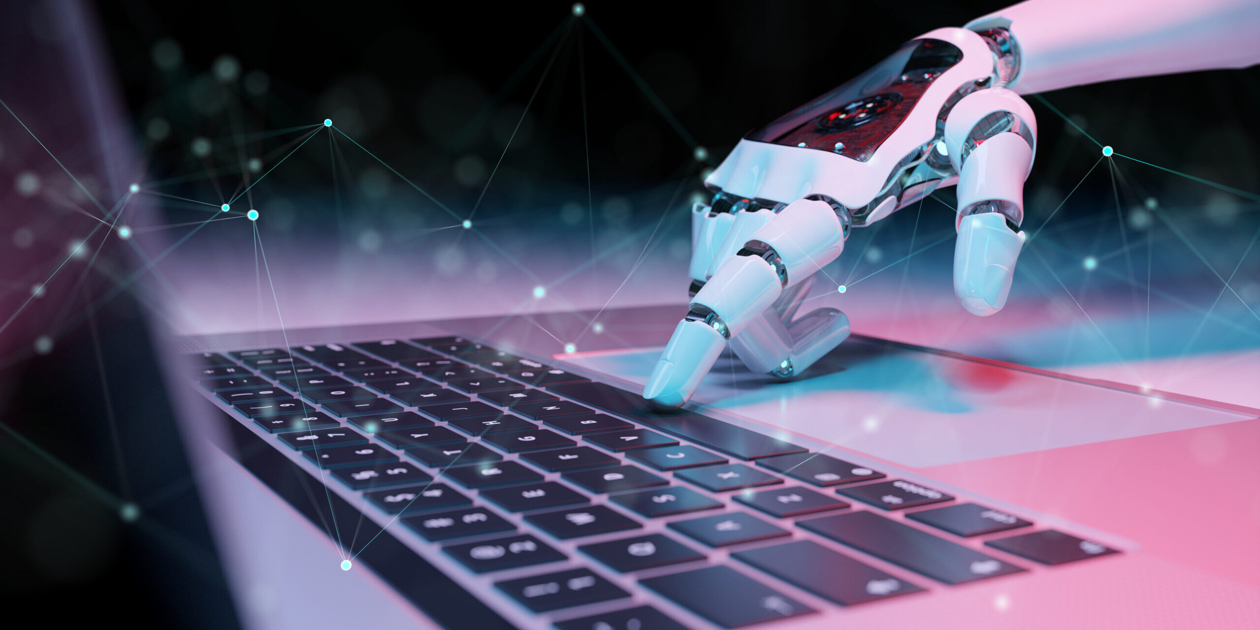 Robotic hand pressing a keyboard on a laptop 3D rendering